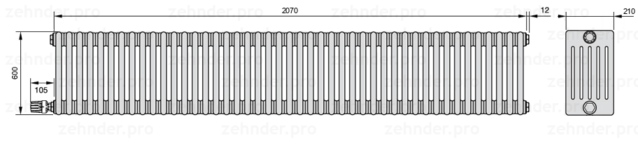 Схема (чертеж) Радиатор Zehnder Charleston 6060/45 №V004 Белый глянцевый RAL 9016
